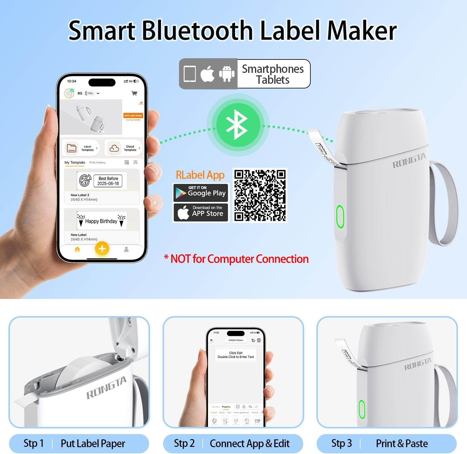 image:imageRongta Bluetooth Label Maker Machine with Tape Portable Mini Label Printer Wireless Thermal Handheld Sticker Makers Mini Label Makers with Multiple Templates for Organizing Office Home SchoolWhiteWhite