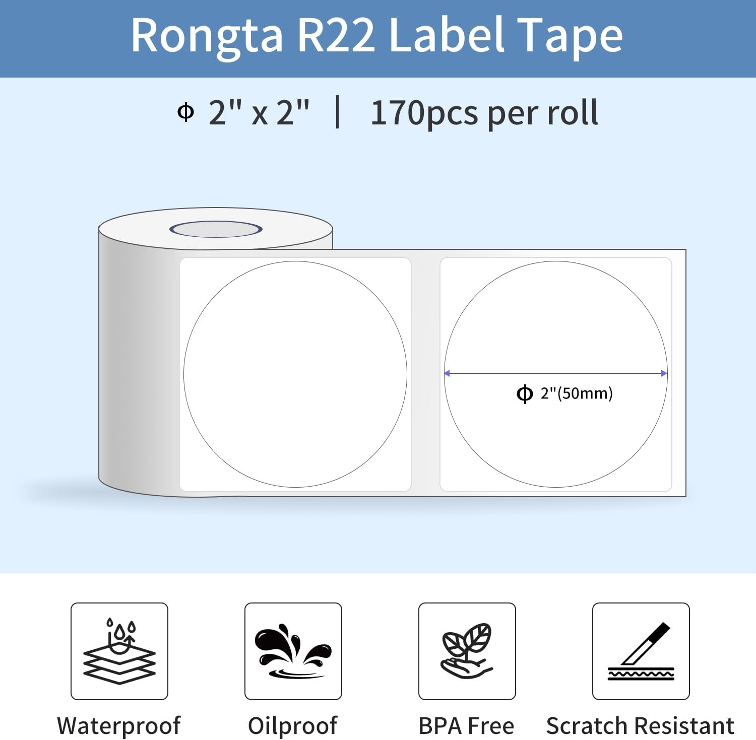 image:imageRongta Label Tape for R22 Standard Laminated Thermal Label Tape Replacement Waterproof OilProof Sticker for Home Office Small Business Labeling White 2118 260 LabelsRollWhite Round