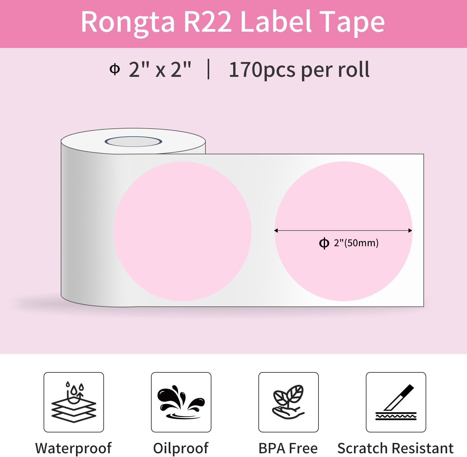 image:imageRongta Label Tape for R22 Standard Laminated Thermal Label Tape Replacement Waterproof OilProof Sticker for Home Office Small Business Labeling White 2118 260 LabelsRollPink Round