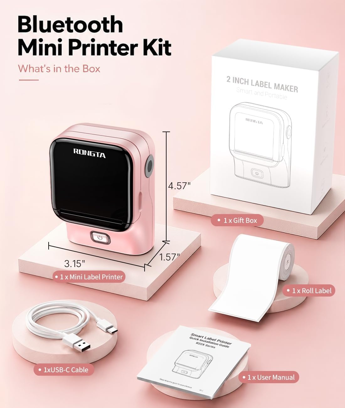 image:imageRongta Mini Sticker Printer Bluetooth Thermal Label Printer Portable Inkless Label Maker Suitable for Creative Kids DIY Diaries Study Notes Pink