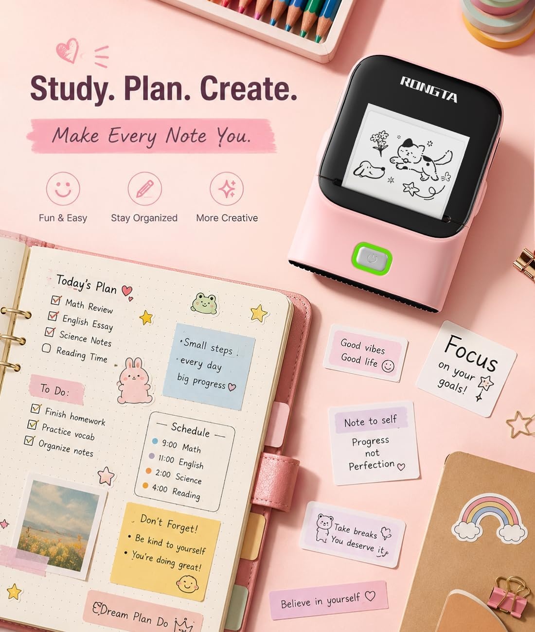 image:imageRongta Mini Sticker Printer Bluetooth Thermal Label Printer Portable Inkless Label Maker Suitable for Creative Kids DIY Diaries Study Notes Pink