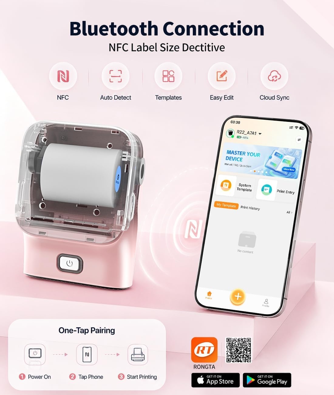 image:imageRongta Mini Sticker Printer Bluetooth Thermal Label Printer Portable Inkless Label Maker Suitable for Creative Kids DIY Diaries Study Notes Pink