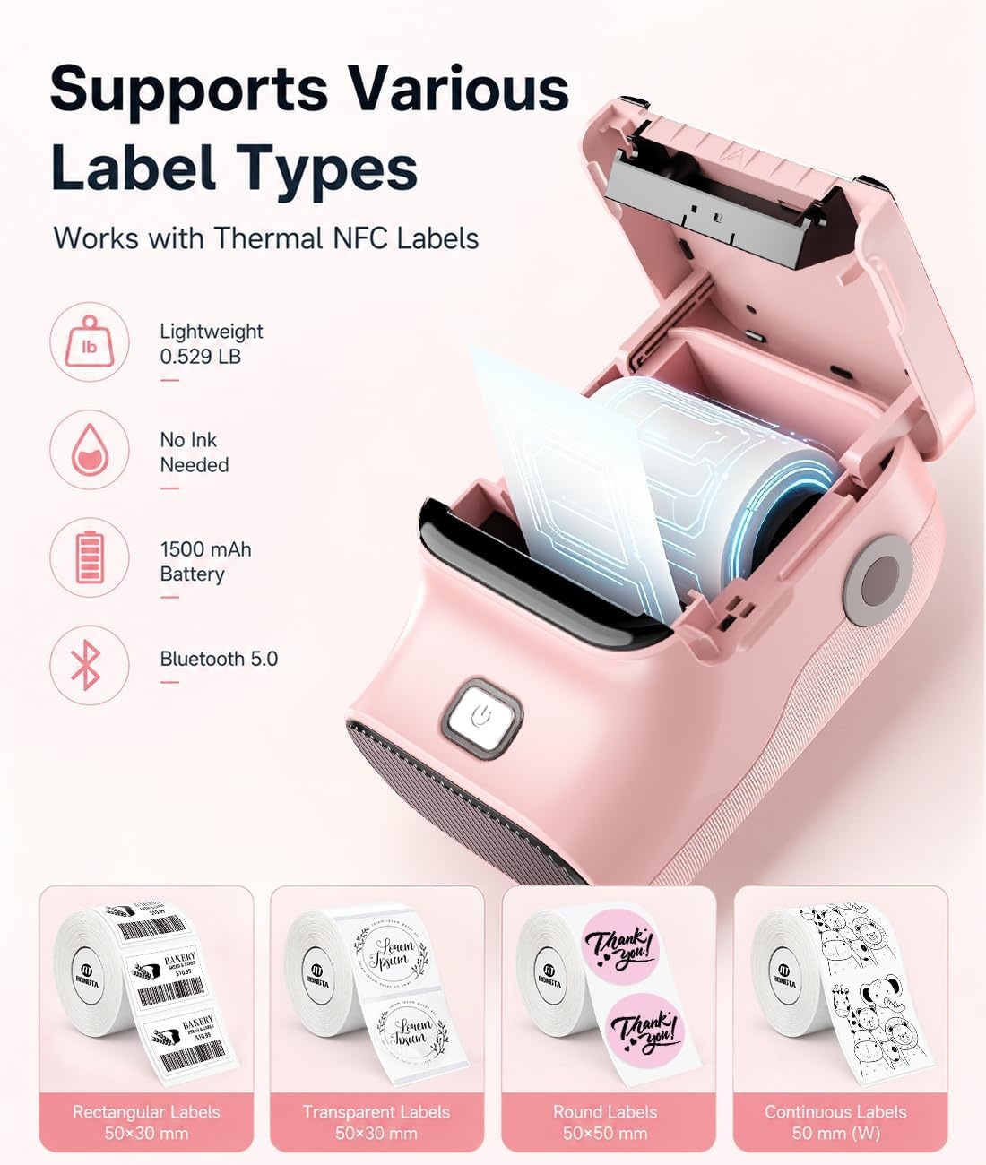 image:imageRongta Mini Sticker Printer Bluetooth Thermal Label Printer Portable Inkless Label Maker Suitable for Creative Kids DIY Diaries Study Notes Pink