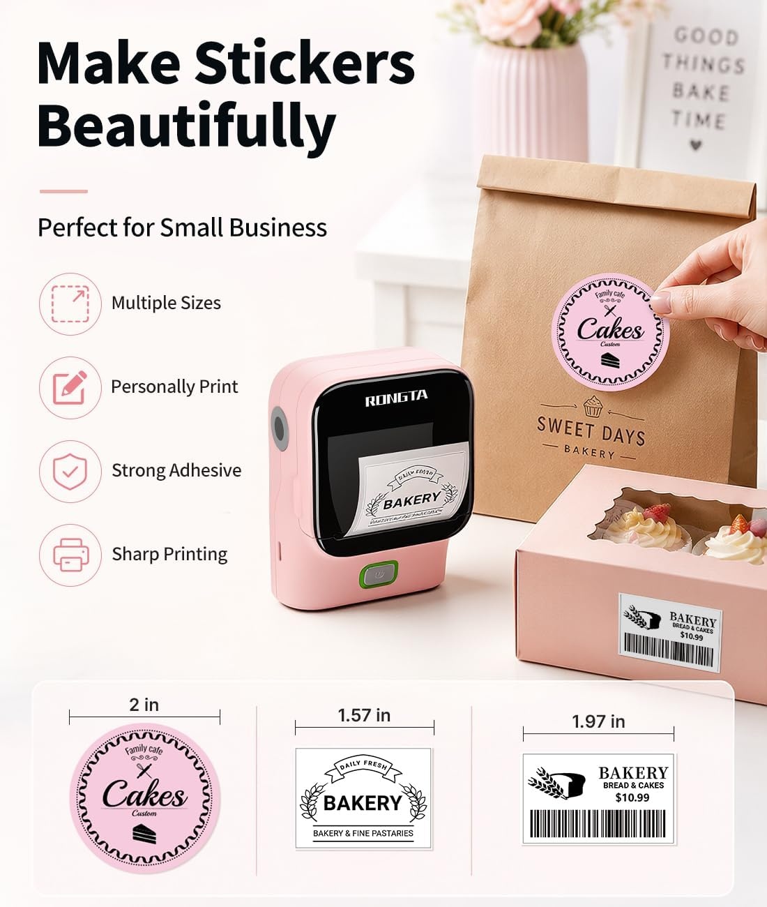 image:imageRongta Mini Sticker Printer Bluetooth Thermal Label Printer Portable Inkless Label Maker Suitable for Creative Kids DIY Diaries Study Notes Pink
