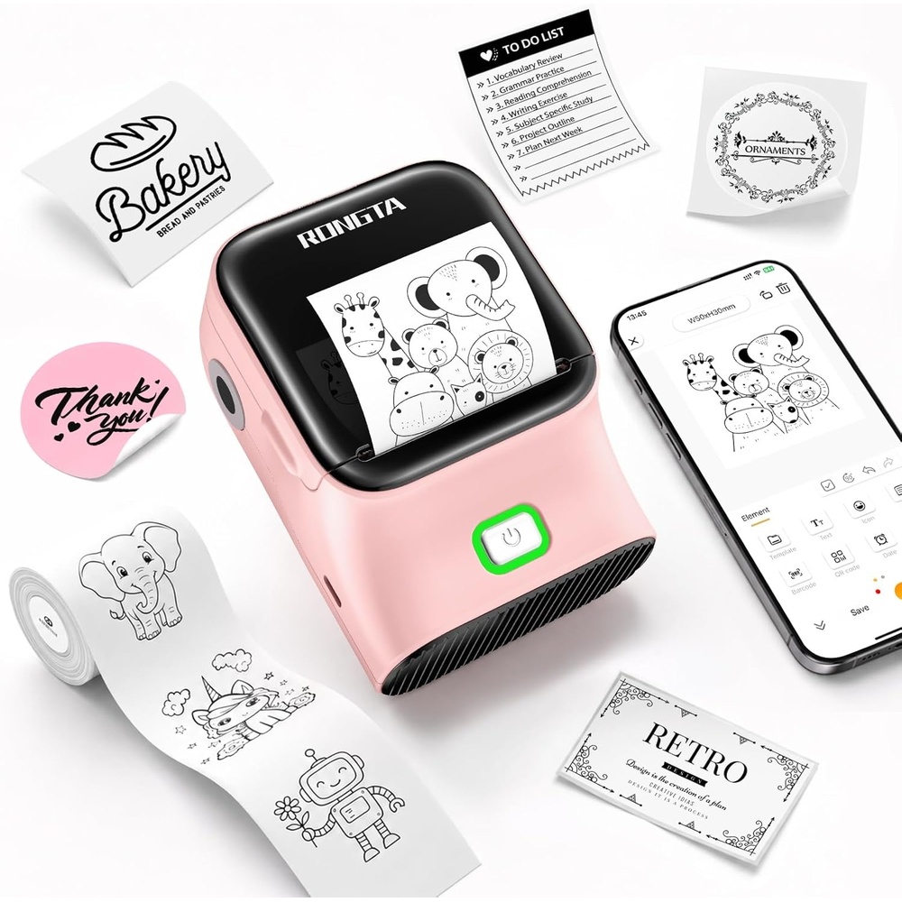 image:imageRongta Mini Sticker Printer Bluetooth Thermal Label Printer Portable Inkless Label Maker Suitable for Creative Kids DIY Diaries Study Notes Pink
