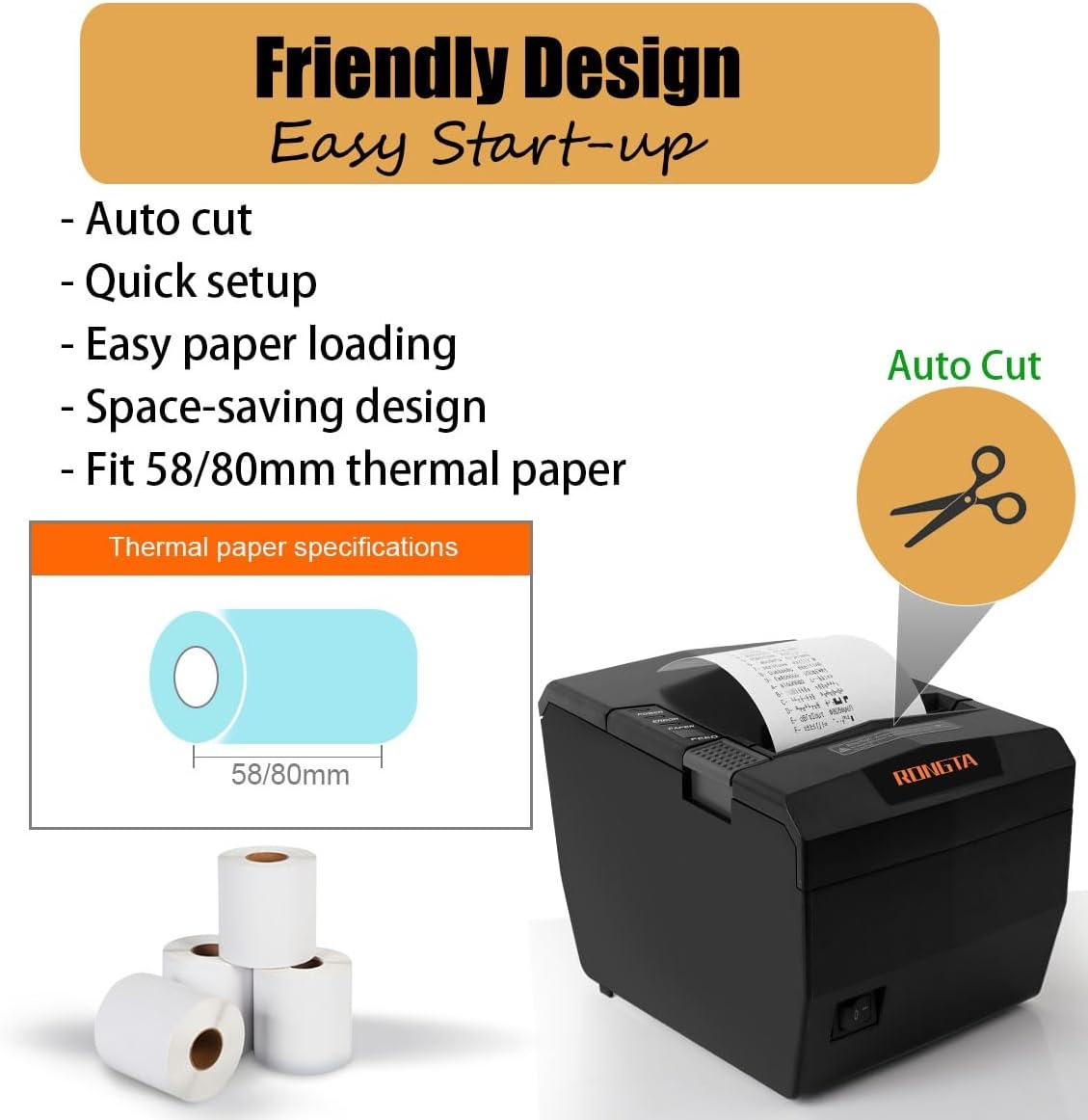 image:imageRongta POS Receipt Printer 80mm Thermal Printer with USBSerialEthernet and Auto Cutter for Kitchen and Retail Use Cash Drawer Support for WindowsMacLinux RP327