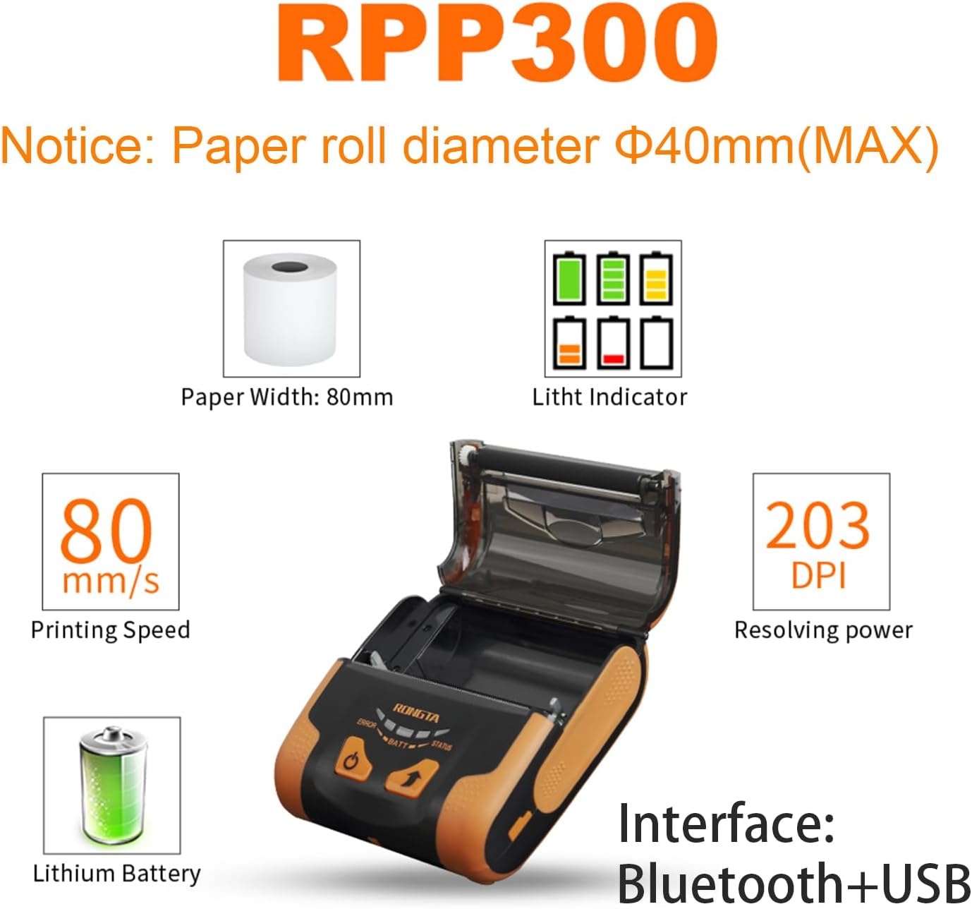 image:imageRongta Portable 80mm POS Printer Mobile Thermal Receipts Printer USBampBluetooth Connection Compatible with Android Phone Do Not SquareIpadComputerAndroid TabletRPP300