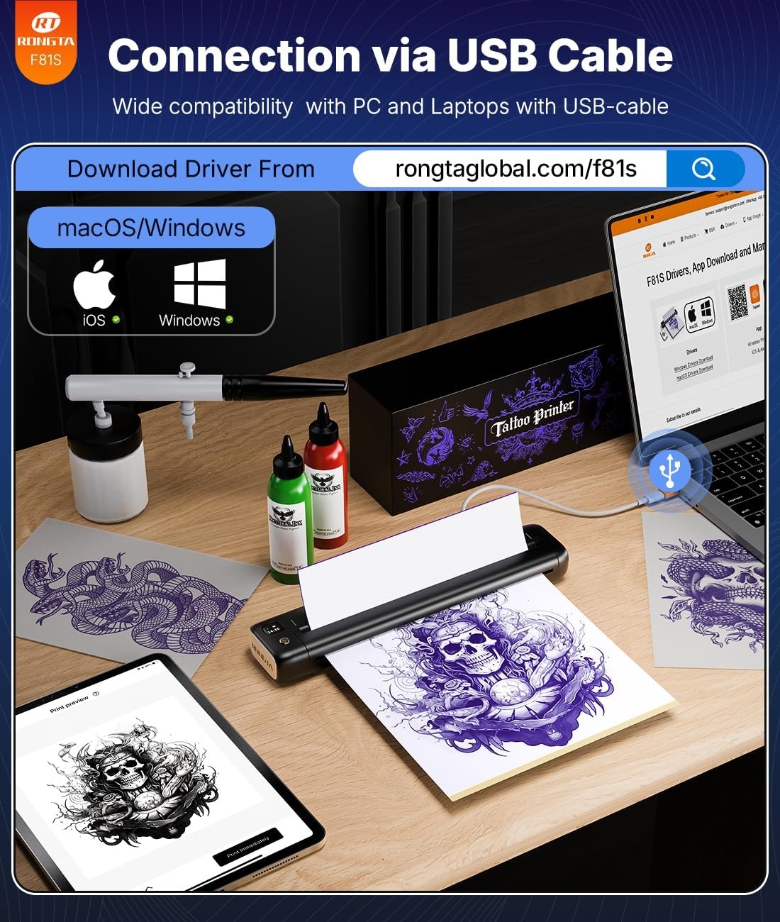 image:imageRongta Tattoo Stencil Printer Wireless Tattoo Machine Tattoo Supplies for Perfessional and Beginners BluetoothUSB Connectivity BlackBlack