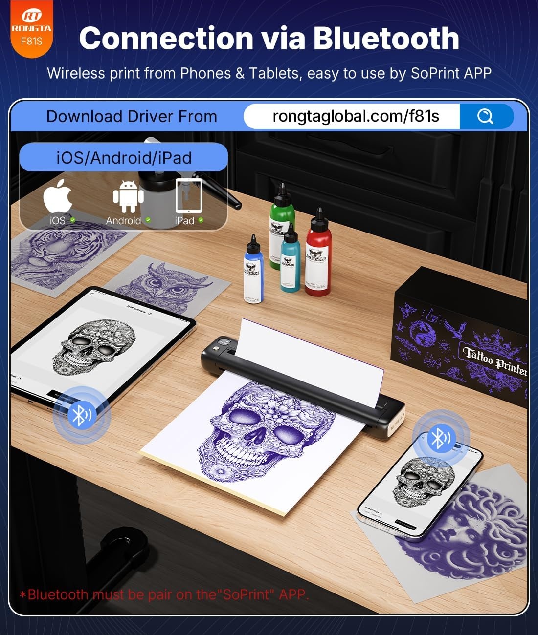 image:imageRongta Tattoo Stencil Printer Wireless Tattoo Machine Tattoo Supplies for Perfessional and Beginners BluetoothUSB Connectivity BlackBlack