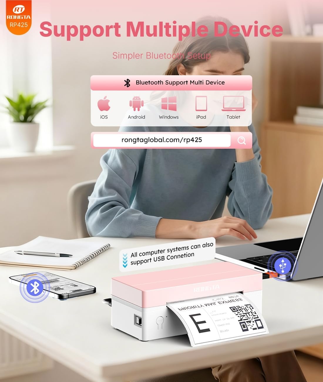 image:imageRongta 4x6 Bluetooth Thermal Label Printer Wireless Shipping Label Printers for Shipping Packages Small Business Office or Home Compatible with iPhone Android iPad macOS Windows Pink