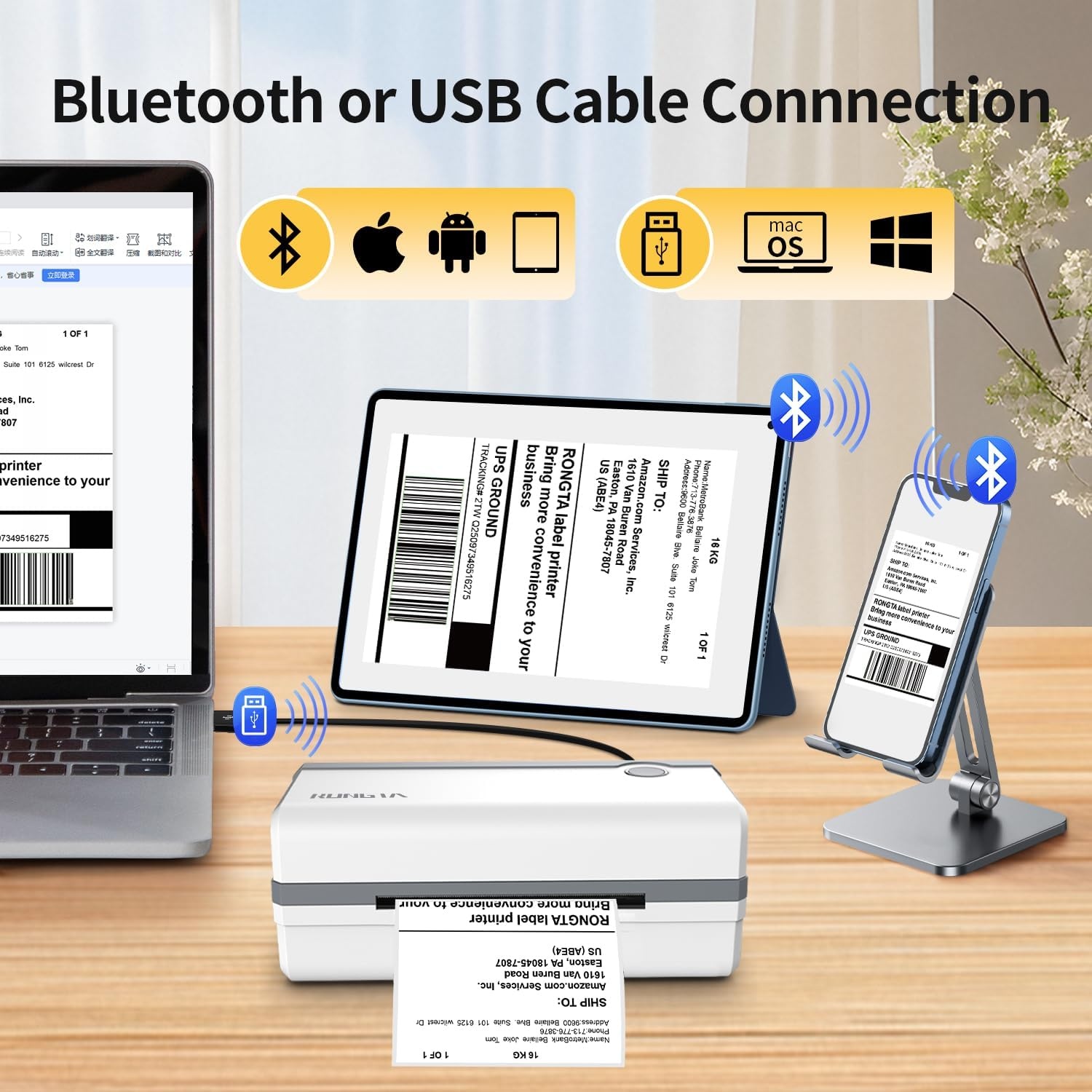 image:imageRongta Bluetooth Thermal Shipping Label Printer Wireless 4x6 Label Sticker Printer for Shipping Packages Support Android iPhone Widely Used for Amazon Shopify Etsy UPSBluetoothUSB