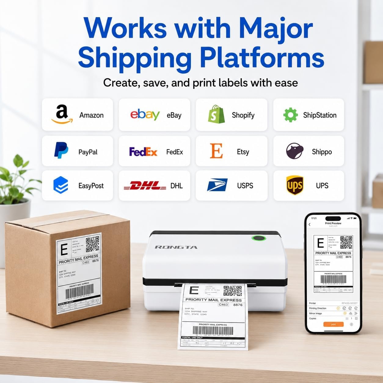 image:imageRongta Bluetooth Thermal Shipping Label Printer Wireless 4x6 Shipping Label Printer for Packages Support AndroidampiPhone and Windows Widely Used for Amazon Shopify Etsy USPS