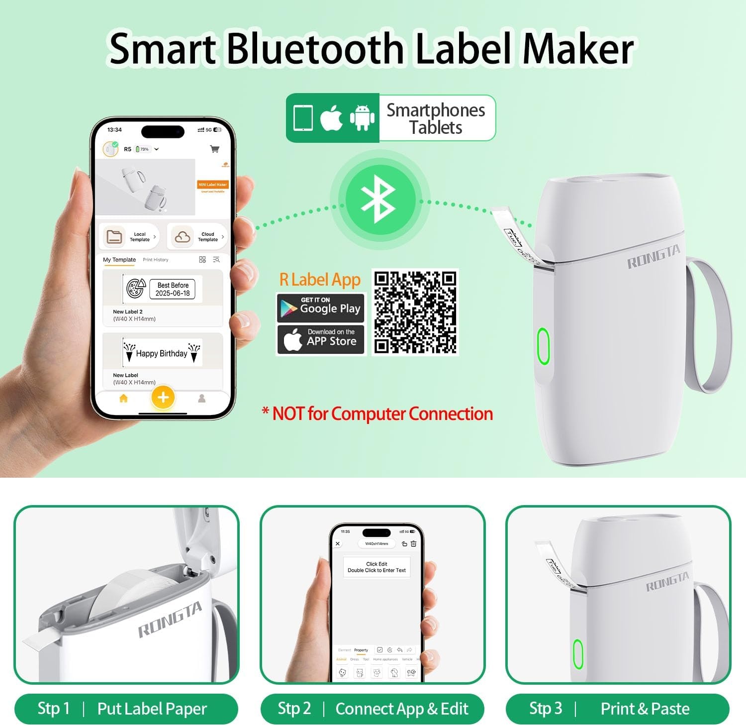 image:imageRongta Label Maker Machine with Tape Bluetooth Label Printer Wireless Mini Label Makers with Multiple Templates for Organizing School Office Home WhiteWhite