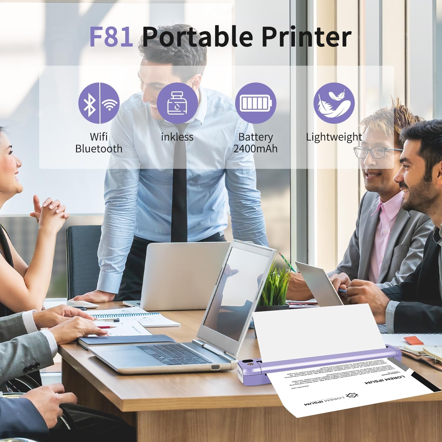 image:imageRongta Portable Printer Bluetooth Inkless Thermal Printer Wireless for Travel Compatible with Android iOS Phone amp Laptop Supports 85 X 11 US Letter for Office Home Car F81 Graypurple