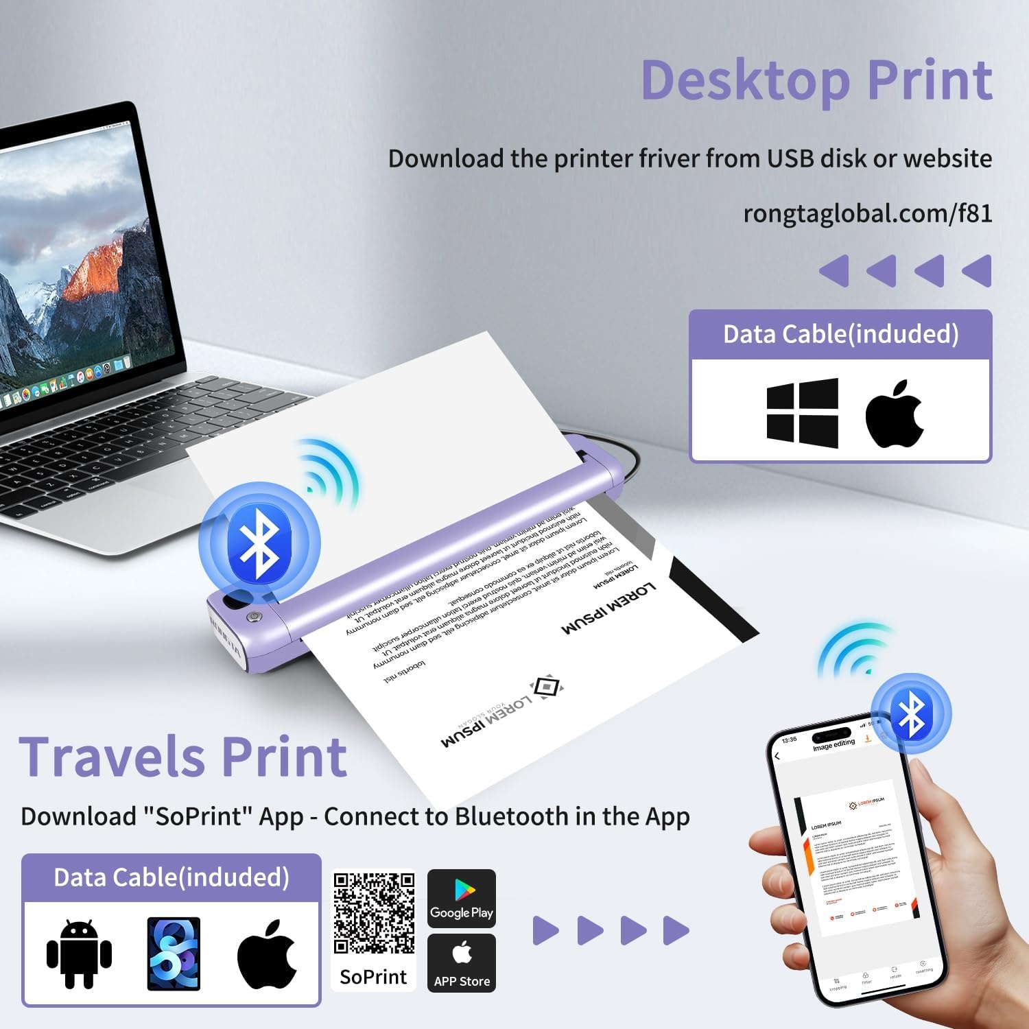 image:imageRongta Portable Printer Bluetooth Inkless Thermal Printer Wireless for Travel Compatible with Android iOS Phone amp Laptop Supports 85 X 11 US Letter for Office Home Car F81 Graypurple