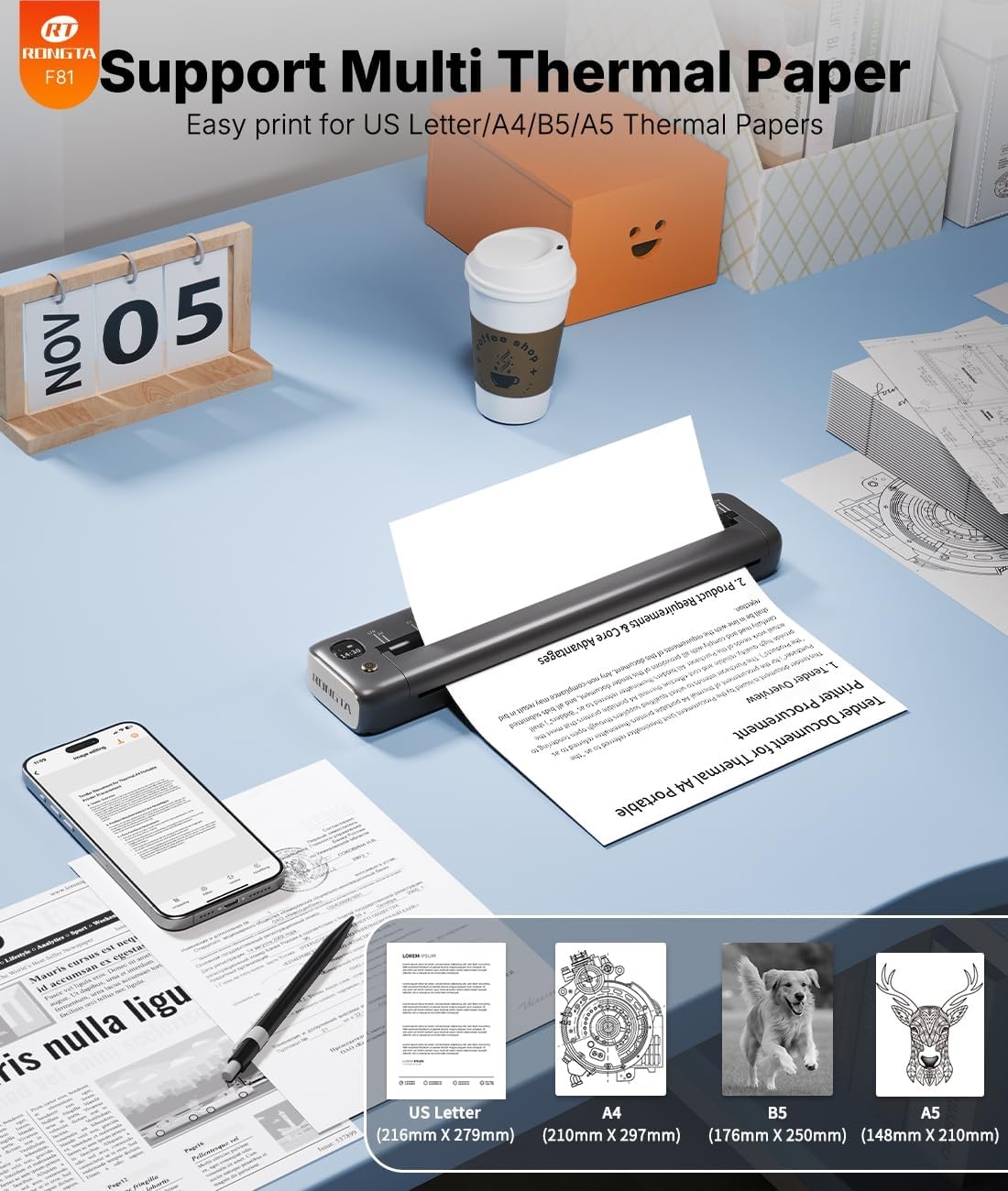 image:imageRongta Portable Printer Wireless for Travel Bluetooth Inkless Thermal Printers for 85 x 11 US Letter amp A4 Size Compatible with Android iOS Phone Mac Windows Laptop for Office amp Home Gray