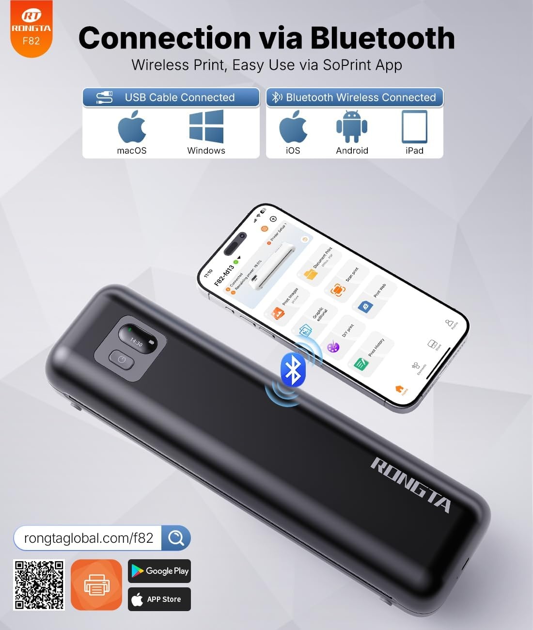 image:imageRongta Portable Printer Wireless for Travel F82 Inkless Bluetooth Thermal Printers Compatible with iOS Android Laptop Support 85x11 US LetterampA4 for Office Home Car Whiteblack