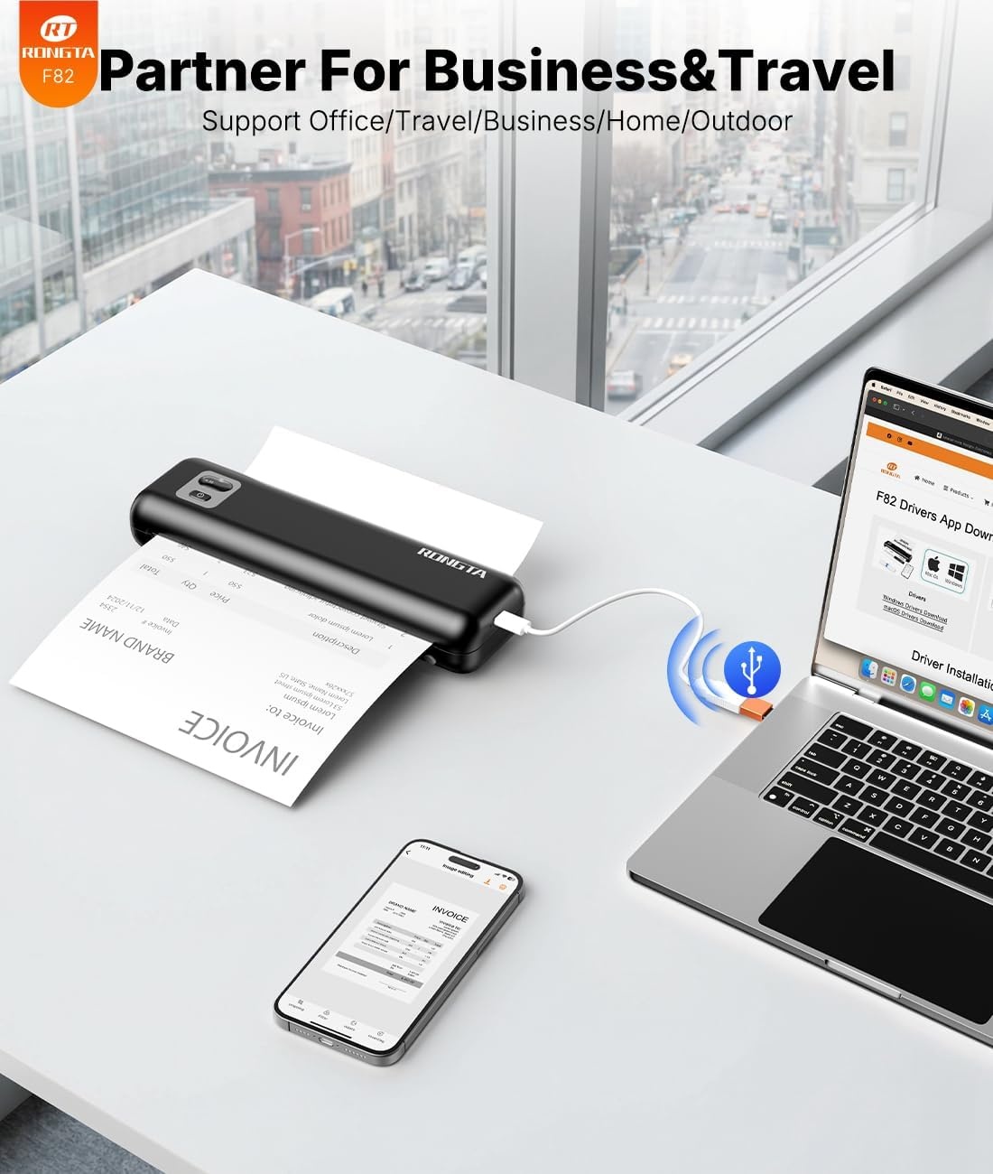 image:imageRongta Portable Printer Wireless for Travel F82 Inkless Bluetooth Thermal Printers Compatible with iOS Android Laptop Support 85x11 US LetterampA4 for Office Home Car Whiteblack