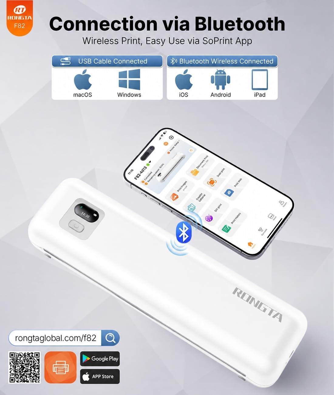 image:imageRongta Portable Printer Wireless for Travel F82 Inkless Bluetooth Thermal Printers Compatible with iOS Android Laptop Support 85x11 US LetterampA4 for Office Home Car Whitewhite