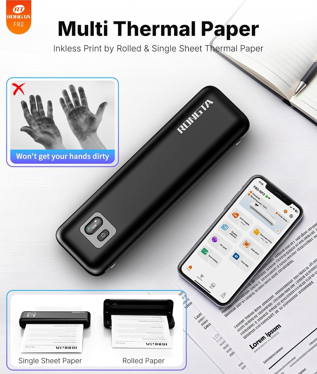 image:imageRongta Portable Thermal Printer Inkless Wireless Printers Compatible with Android iOS Phone Mac Windows Laptop for Office Home TravelBlack