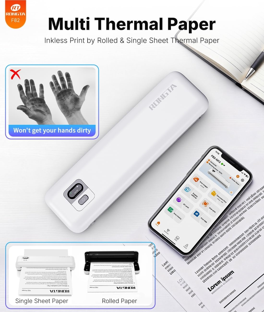 image:imageRongta Portable Thermal Printer Inkless Wireless Printers Compatible with Android iOS Phone Mac Windows Laptop for Office Home TravelWhite