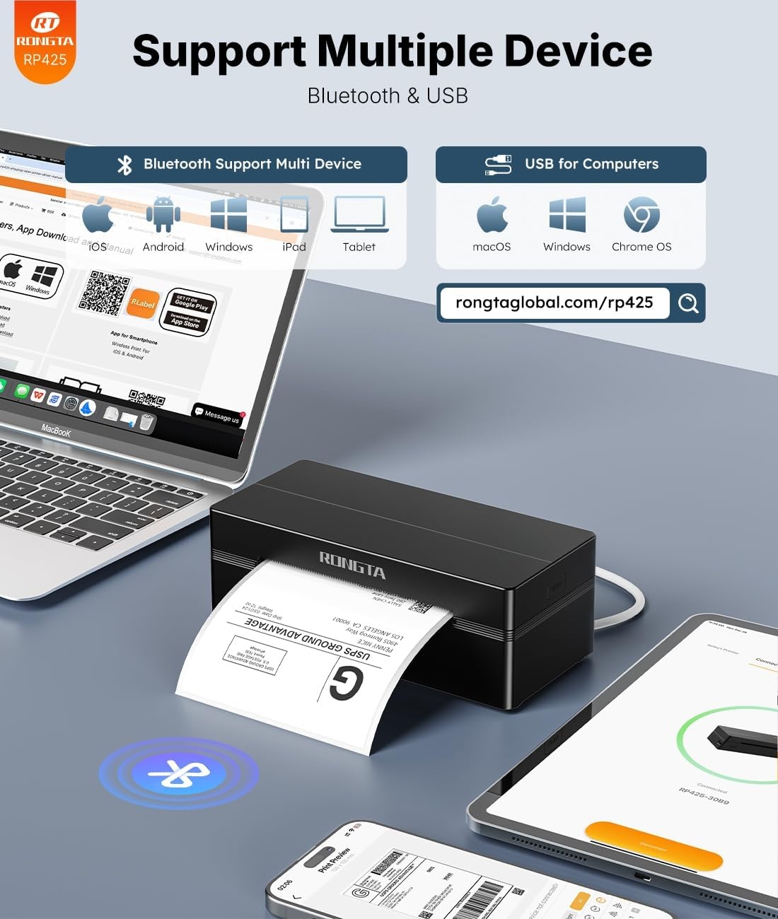 image:imageRongta Shipping Thermal Label Printer Bluetooth 4x6 Sticker Label Maker Wireless Shipping Label Printer for Package Small Business Compatible with Windows macOS Android iOS WhiteBlack