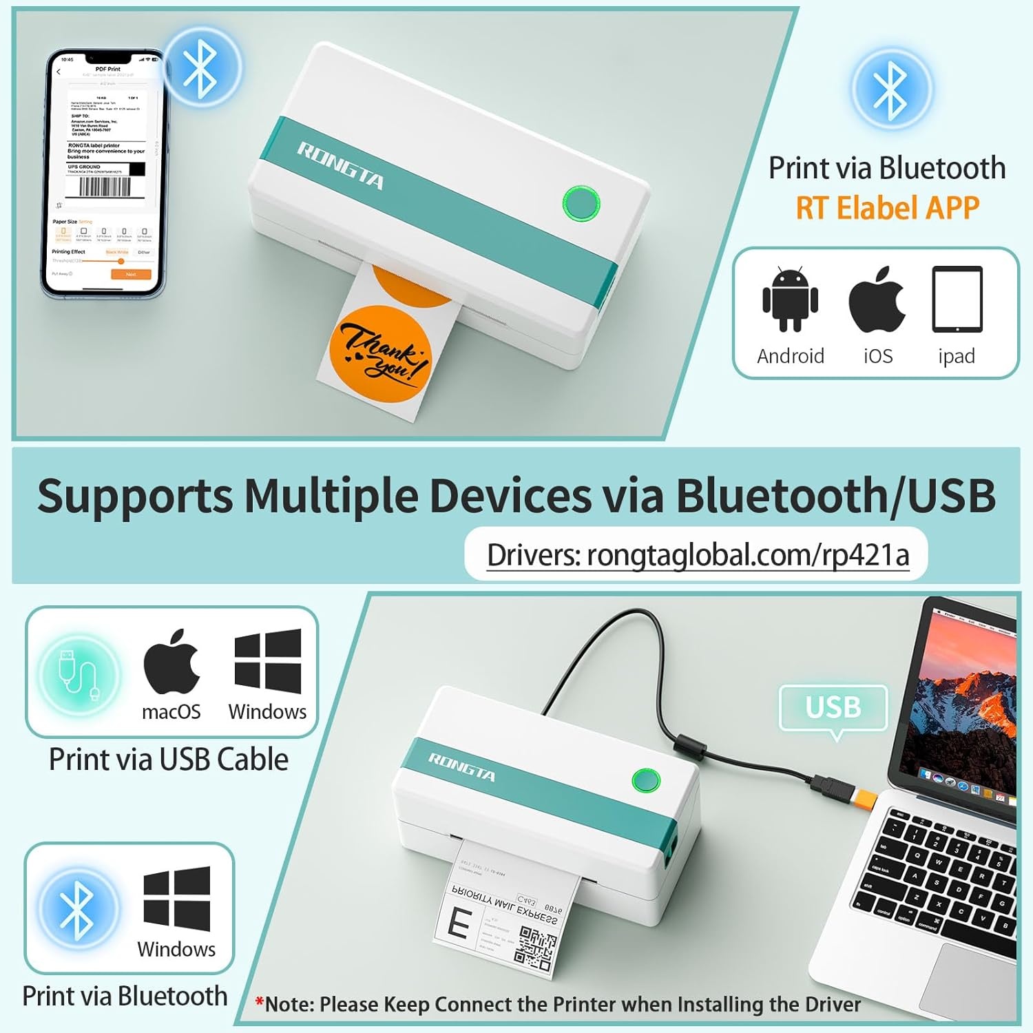 image:imageRongta Thermal Shipping Label Printer Bluetooth Wireless 4x6 Sticker Label Maker for Package Compatible with Windows Mac Android amp iPhone Used for Small BusinessWhiteBluetooth