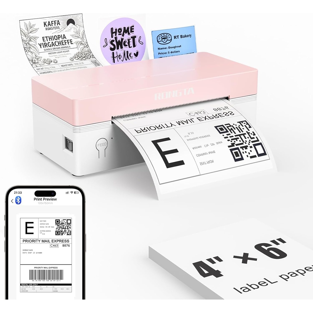 image:imageRongta 4x6 Bluetooth Thermal Label Printer Wireless Shipping Label Printers for Shipping Packages Small Business Office or Home Compatible with iPhone Android iPad macOS Windows Pink