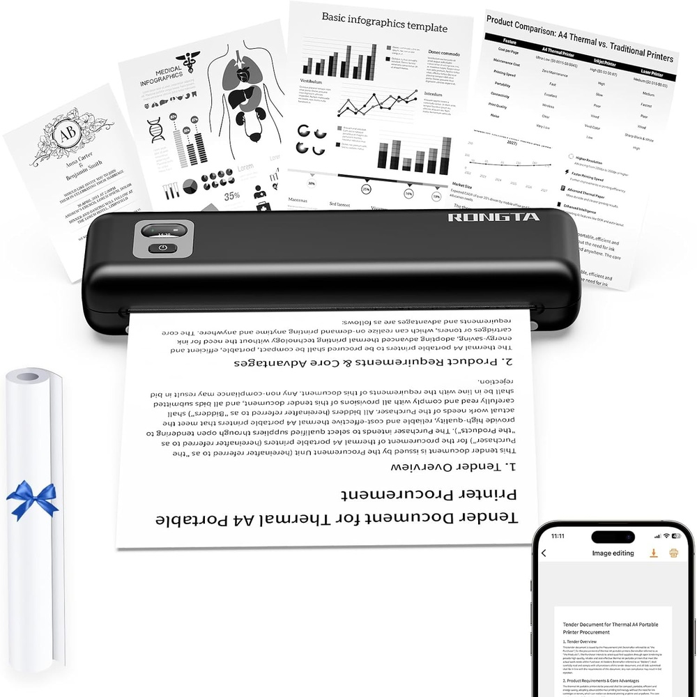image:imageRongta Portable Printers Wireless for TravelThermal Inkless Printer for SchoolOfficeHome Use Support 85x11 US LetterampA4 Thermal Paper Compatible with AndroidiOS amp Laptop Black