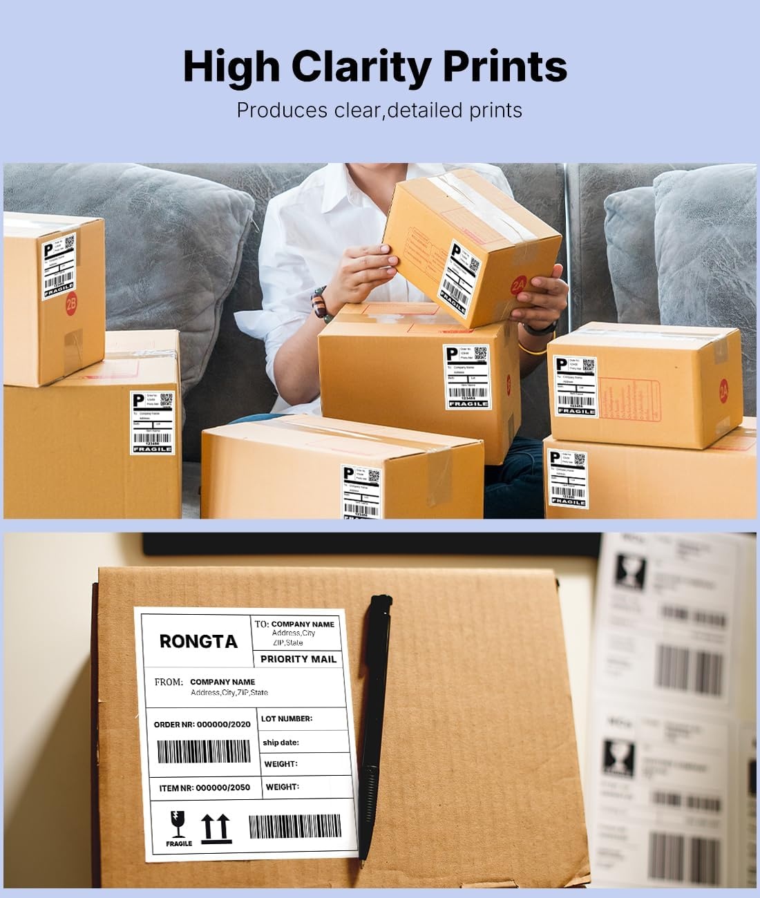 image:imageRONGTA 4x6 Thermal Labels Fanfold Shipping Label Compatible with Thermal PrintersClear PrintingPermanent Adhesive500 Sheets per Stack White 4x6 1 Stacks 500 LabelsWhite