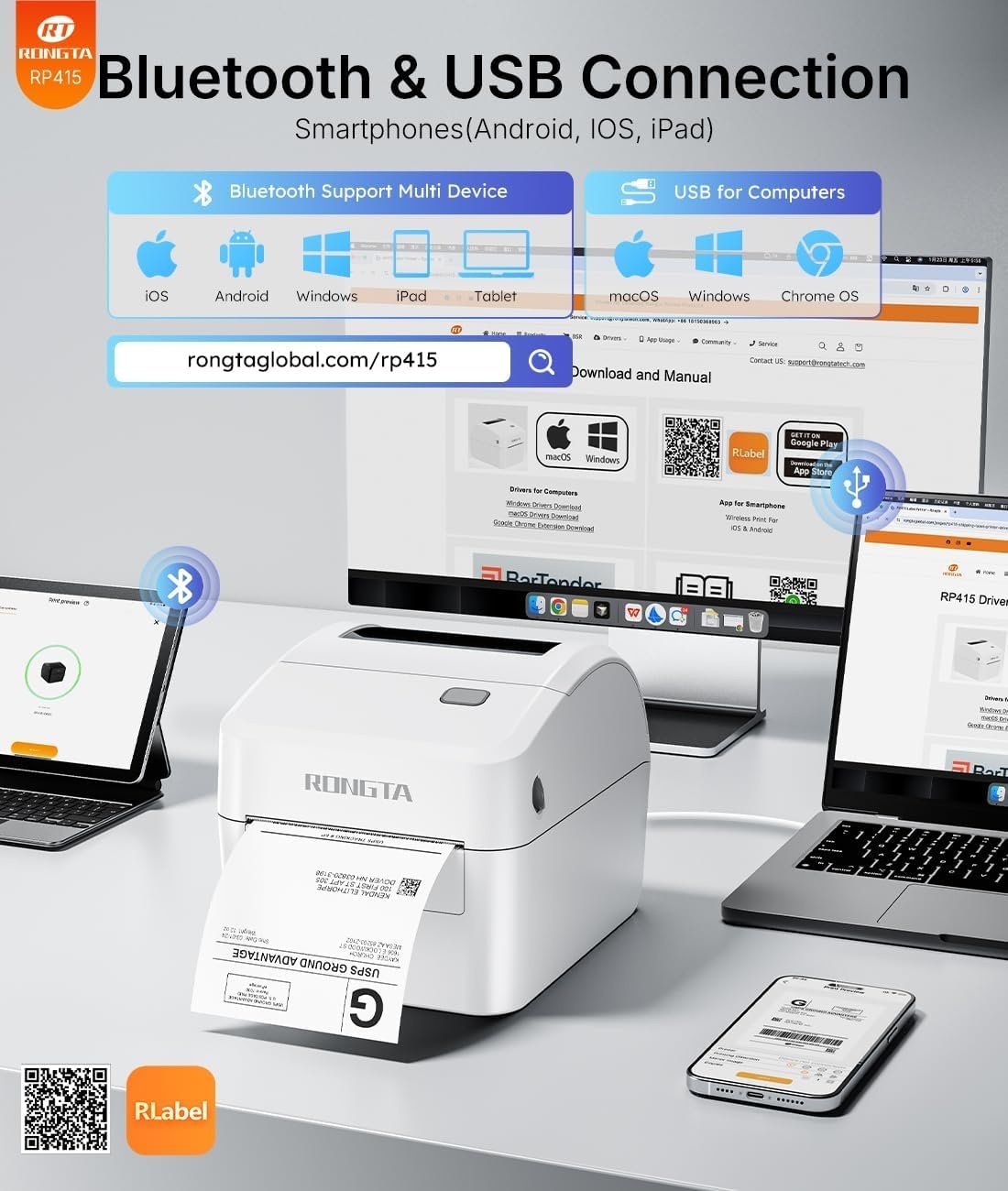 image:imageRongta Bluetooth Shipping Label Printer RP415 Wireless 4x6 Thermal Label Printer for Shipping Packages Small Business Home Office Compatible with Amazon Etsy USPS Shopify