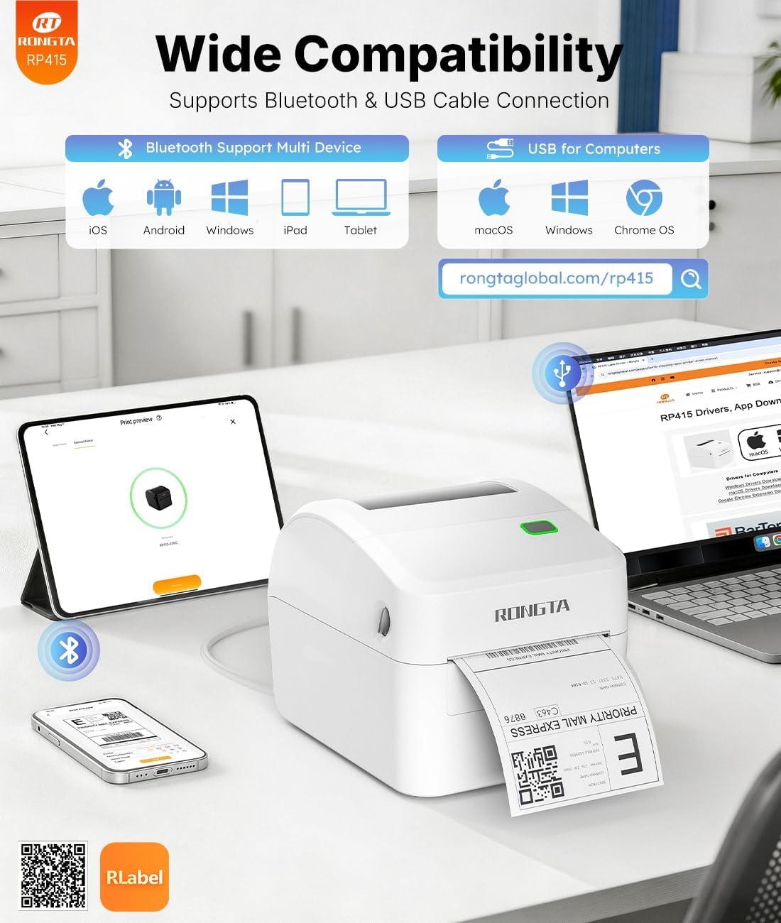 image:imageRongta Bluetooth Thermal Shipping Label Printer Wireless 4x6 Label Sticker Printer for Shipping Packages Support Android iPhone Widely Used for Amazon Ebay Shopify Etsy UPS White
