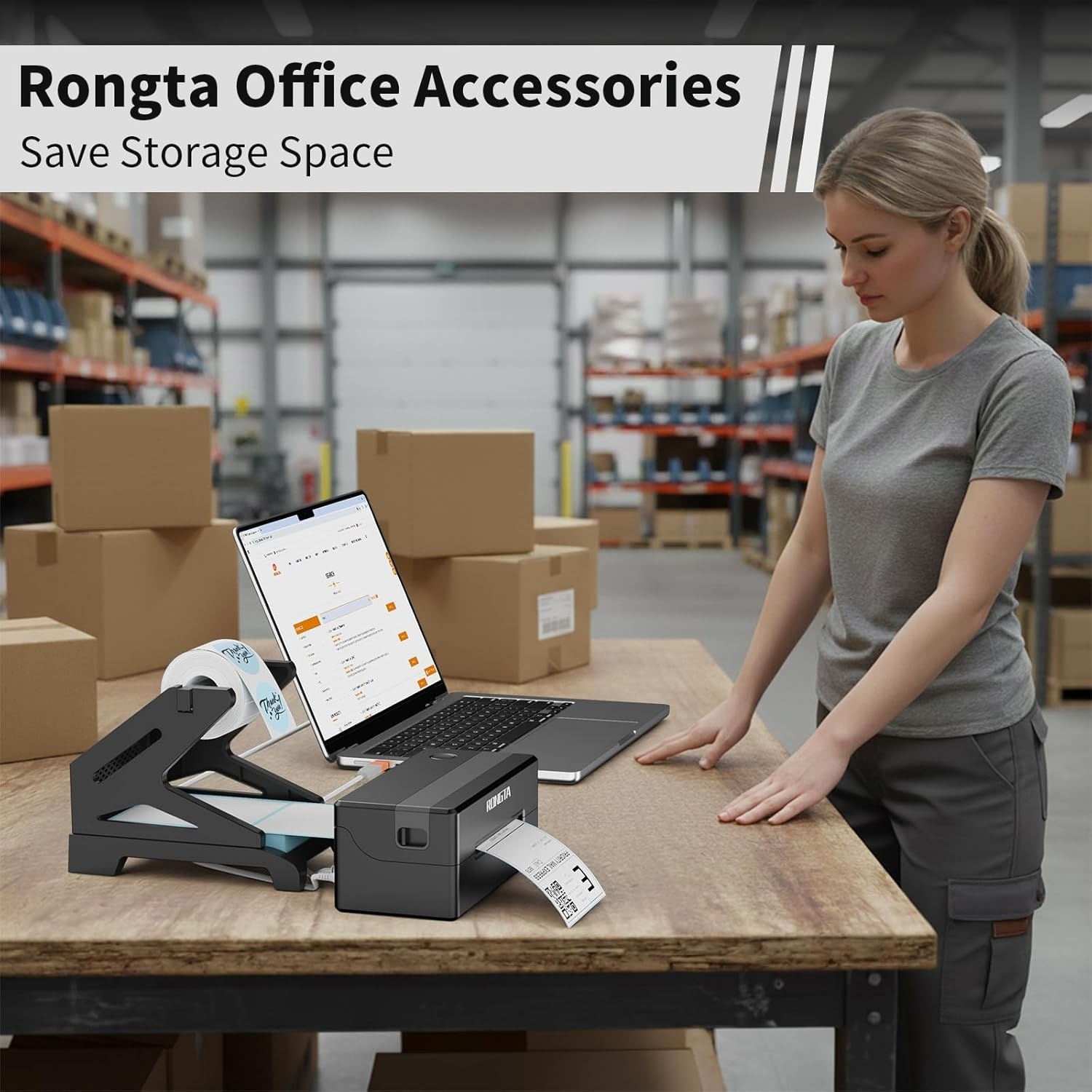 image:imageRongta Label Holder for Rolls and FanFold Labels Thermal Sticker Roll Holder for Desktop Thermal Printer Label Dispenser Supplies for Office Home WhiteBlack