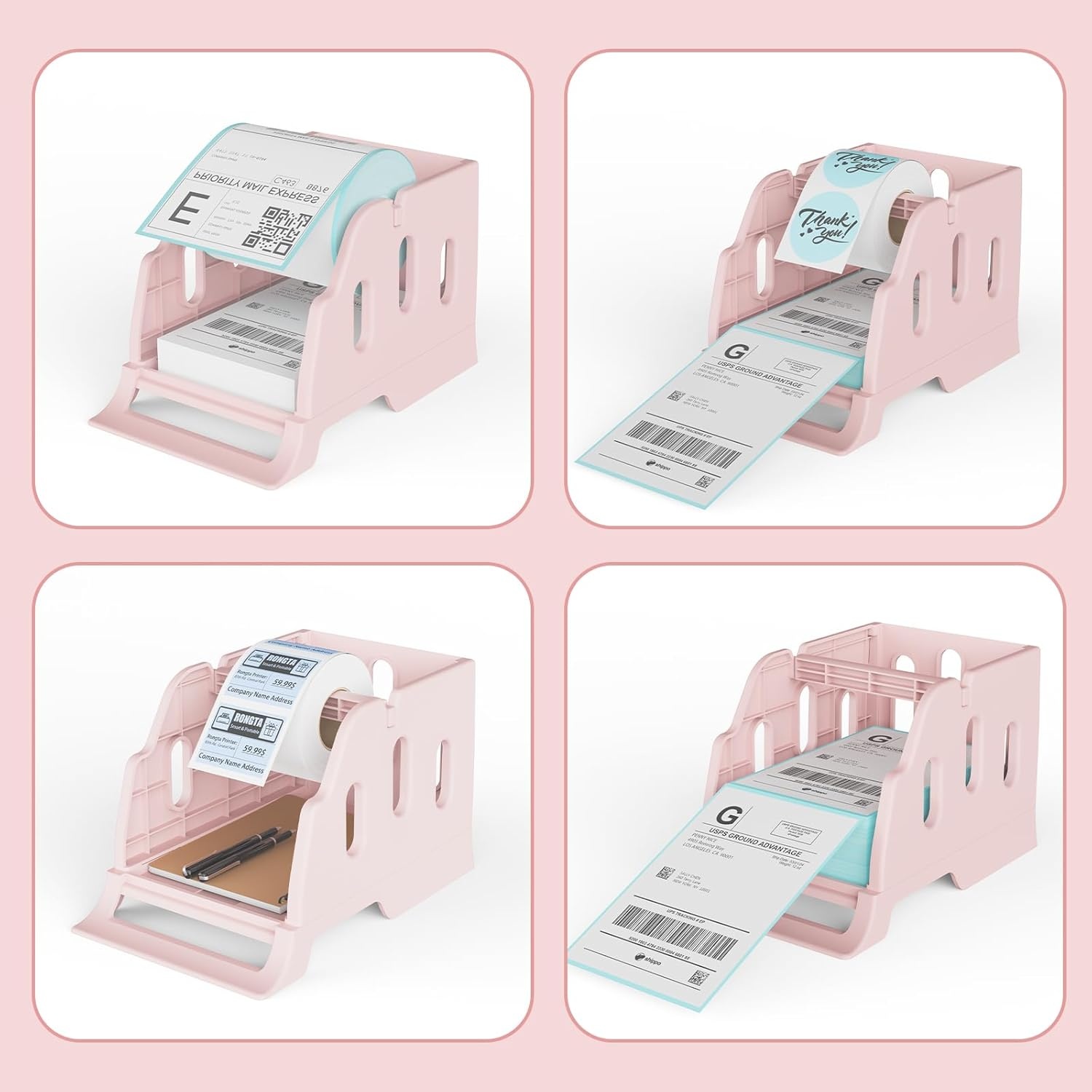 image:imageRongta Label Holder for Rolls and FanFold Labels Thermal Sticker Roll Holder for Desktop Thermal Printer Label Dispenser Supplies for Office Home WhitePink