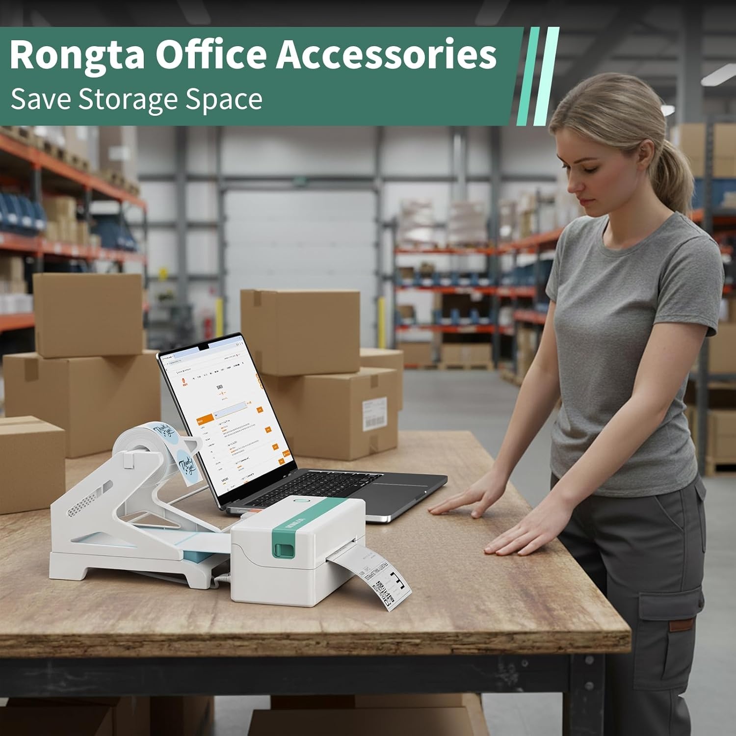 image:imageRongta Label Holder for Rolls and FanFold Labels Thermal Sticker Roll Holder for Desktop Thermal Printer Label Dispenser Supplies for Office Home WhiteWhite