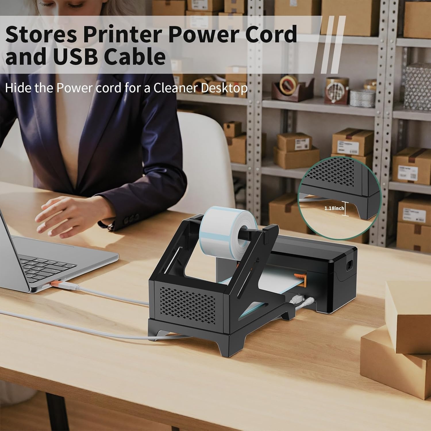 image:imageRongta Label Holder for Rolls and FanFold Labels Thermal Sticker Roll Holder for Desktop Thermal Printer Label Dispenser Supplies for Office Home WhiteBlack