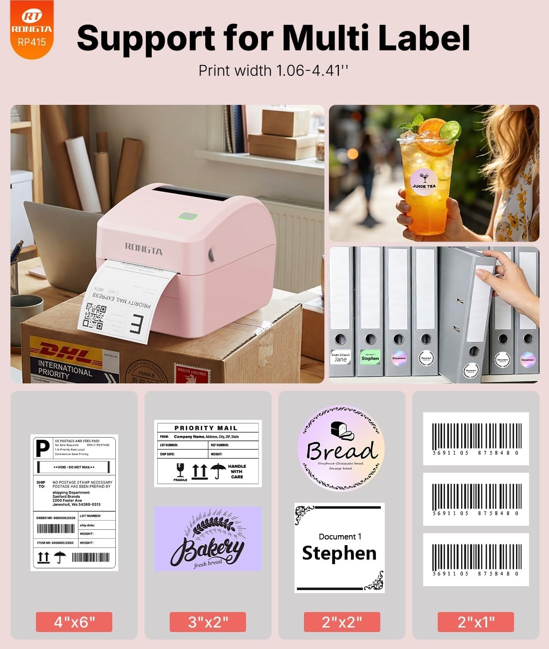 image:imageRongta RP415 Pink Label Printer220 Pcs Adhesive Labels