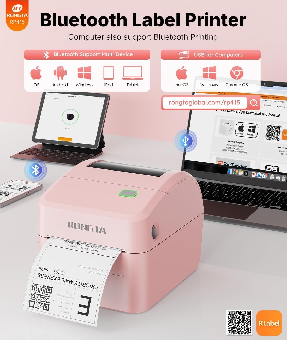 image:imageRongta RP415 Pink Label Printer500 PCS Adhesive Labels