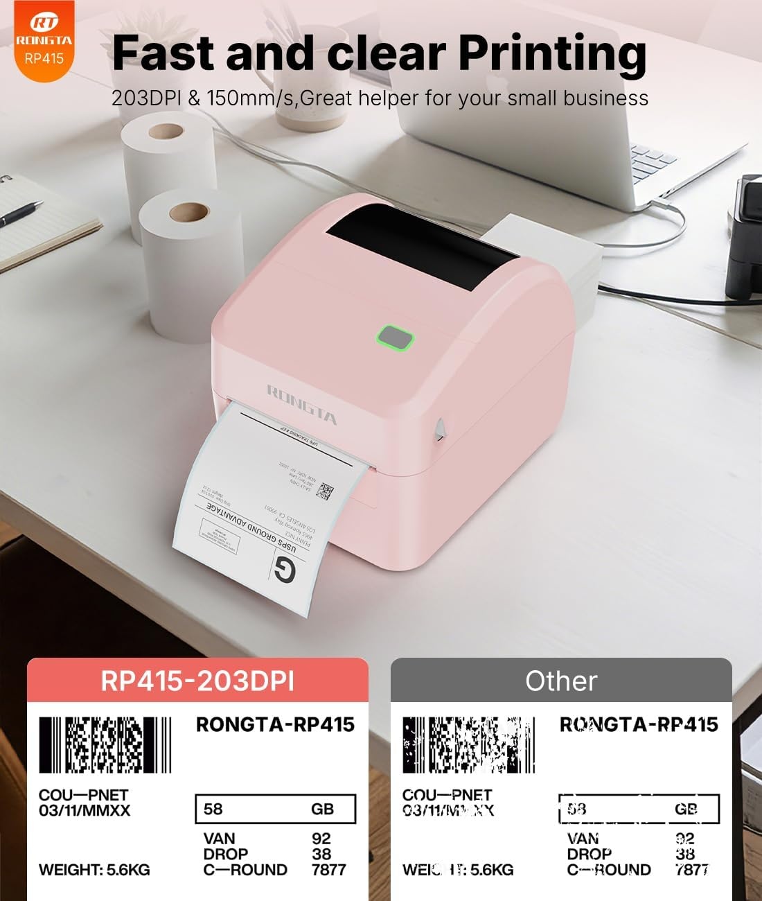 image:imageRongta RP415 Pink Label Printer750 Pcs 2 2 Square Labels