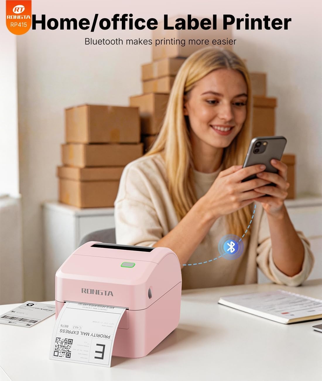 image:imageRongta RP415 Pink Label Printer750 Pcs 2 2 Square Labels
