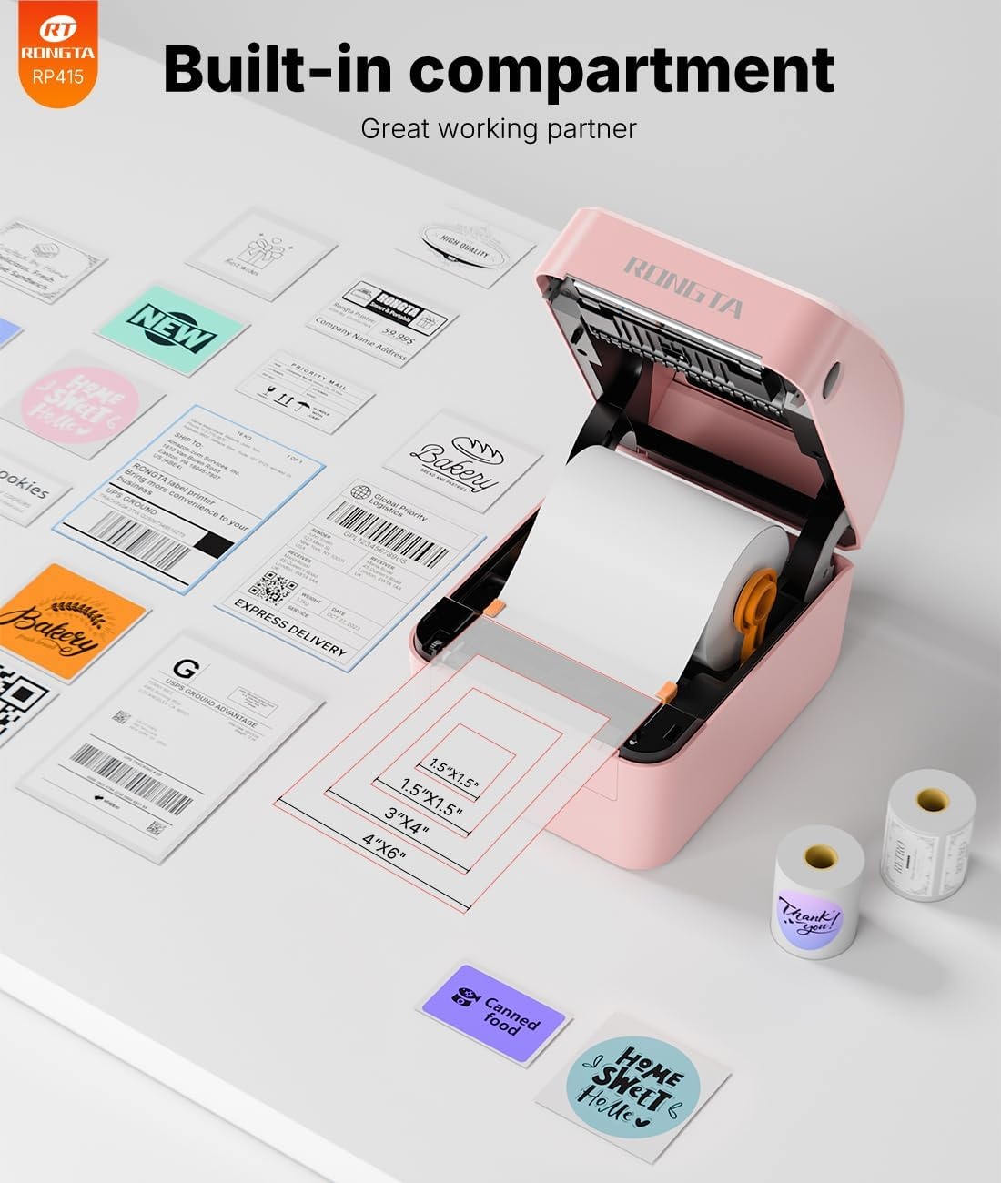 image:imageRongta RP415 Pink Label Printer750 Pcs 2 2 Square Labels
