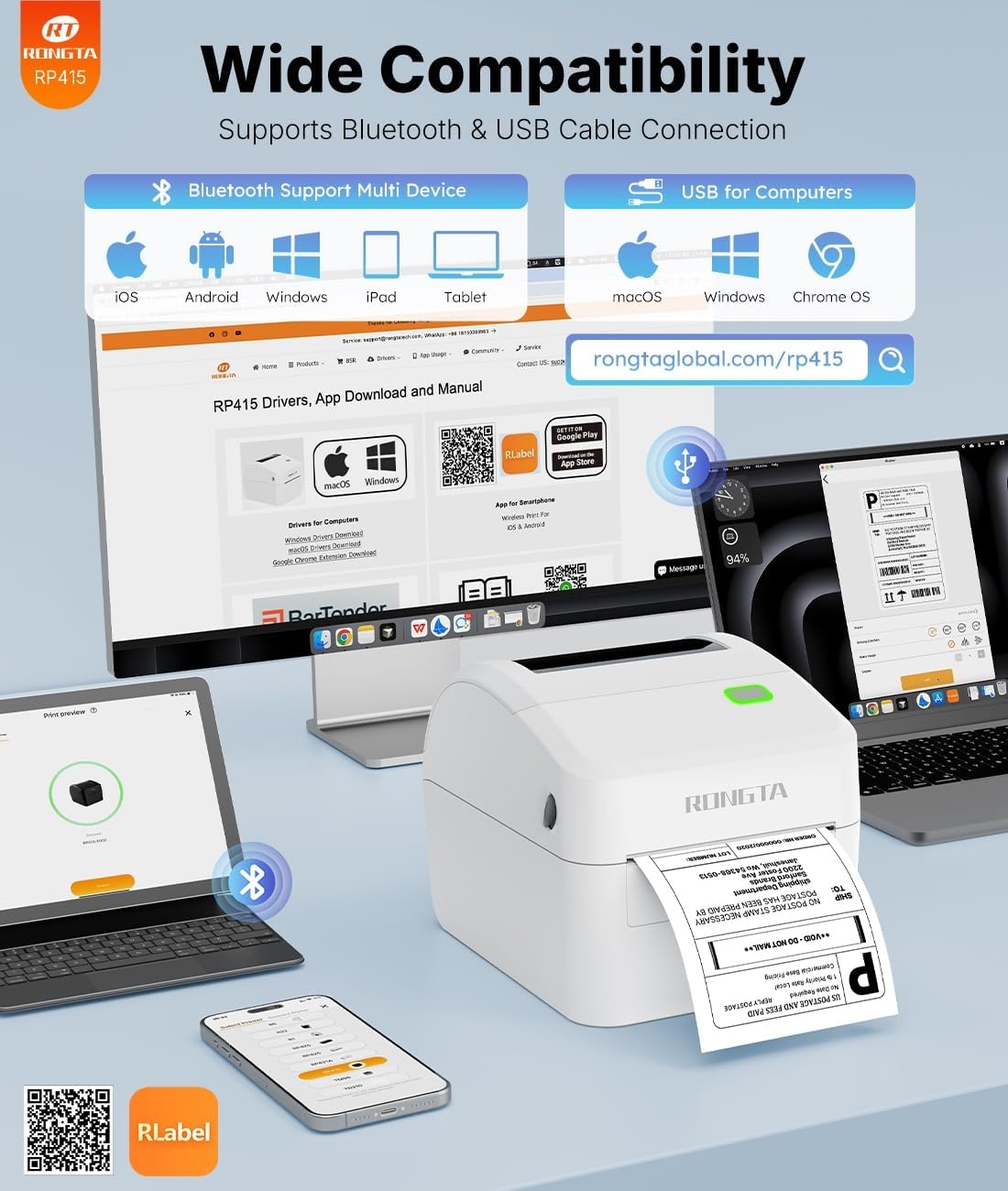 image:imageRongta RP415 Thermal Label Printer with Round 2 Thermal Labels