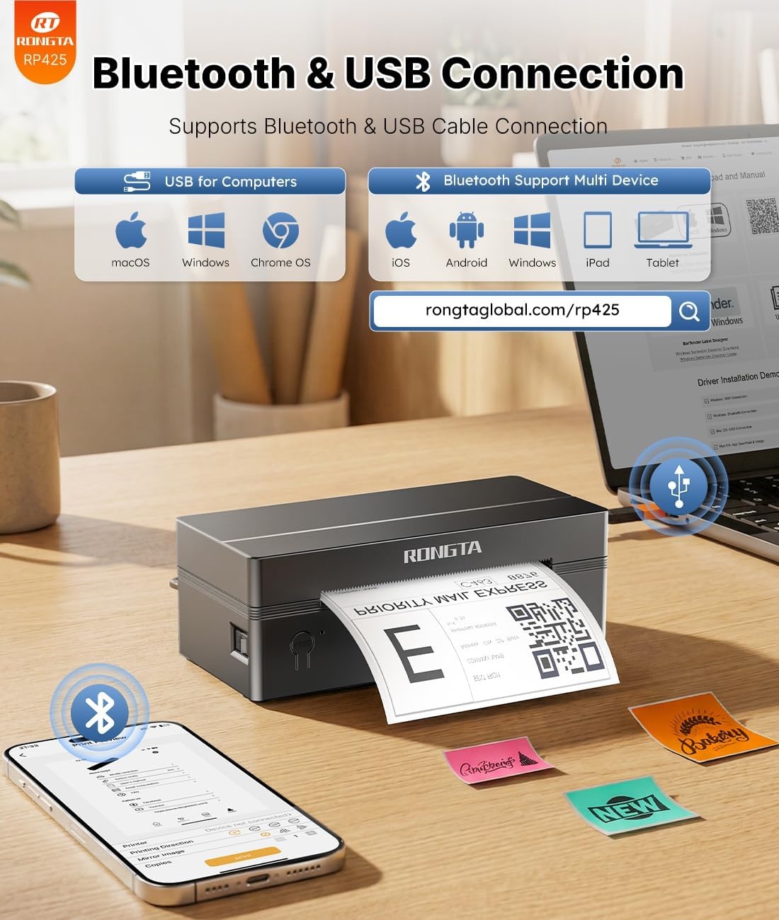 image:imageRongta Bluetooth Thermal Shipping Label Printer Wireless 4x6 Label Printer for Shipping PackagesampSmall Business Compatible WindowsMacAndroidiOS Support USPS UPS Etsy Shopify RP425