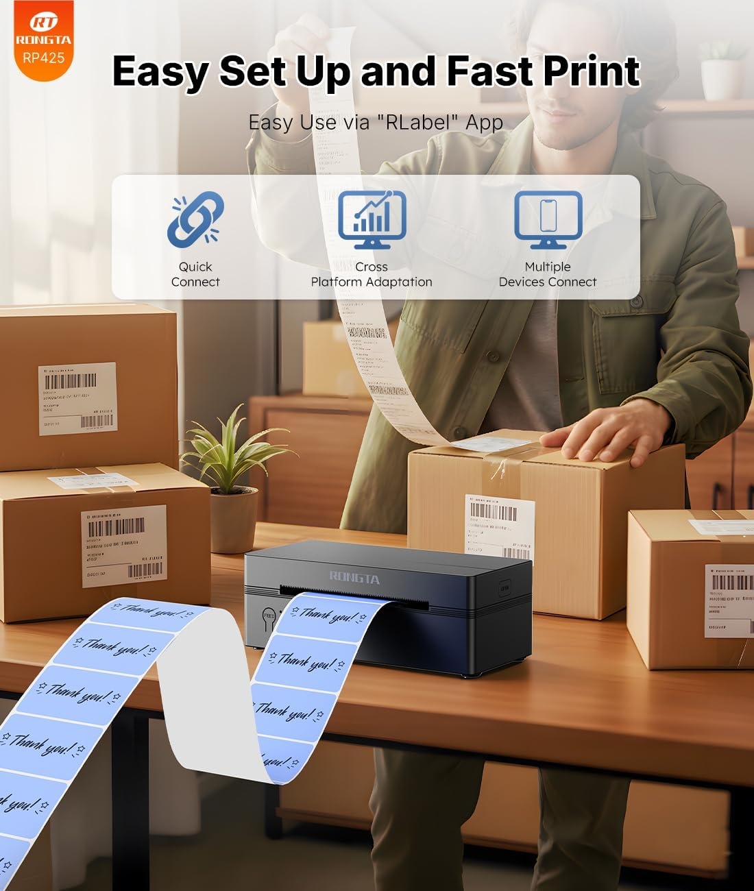 image:imageRongta Bluetooth Thermal Shipping Label Printer Wireless 4x6 Label Printer for Shipping PackagesampSmall Business Compatible WindowsMacAndroidiOS Support USPS UPS Etsy Shopify RP425