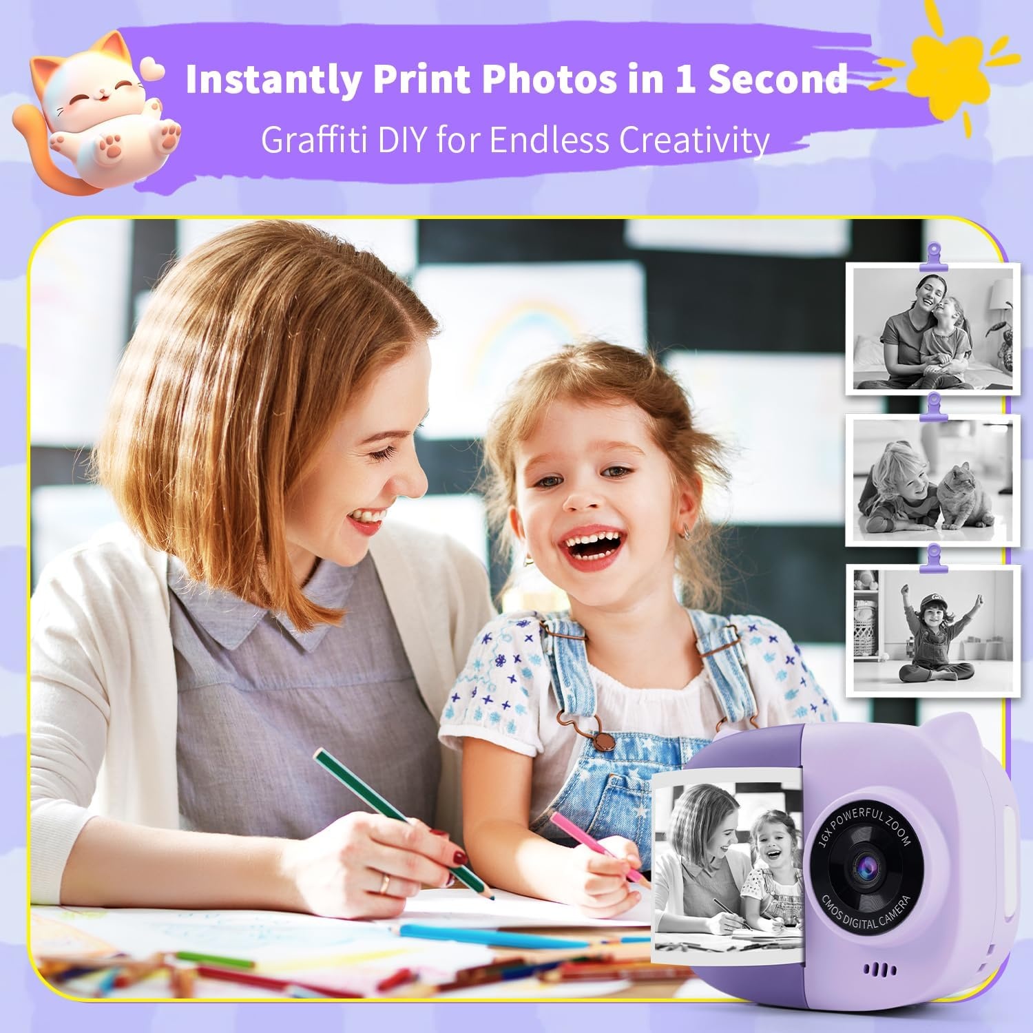 image:imagePortable Instant Camera for Kids Print Photos Travel Digital 1080P Video Camera for Toddlers 3 4 5 6 7 8 Year Old Girls Holiday Christmas Birthday Gifts Purple