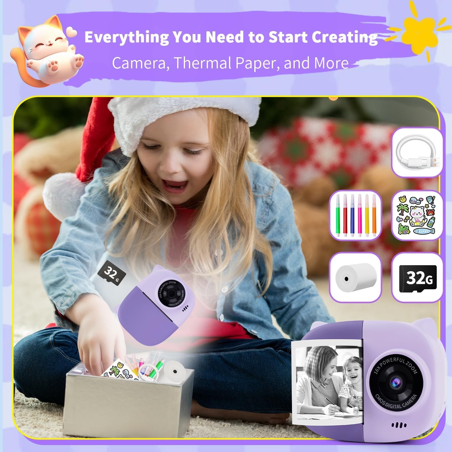 image:imagePortable Instant Camera for Kids Print Photos Travel Digital 1080P Video Camera for Toddlers 3 4 5 6 7 8 Year Old Girls Holiday Christmas Birthday Gifts Purple
