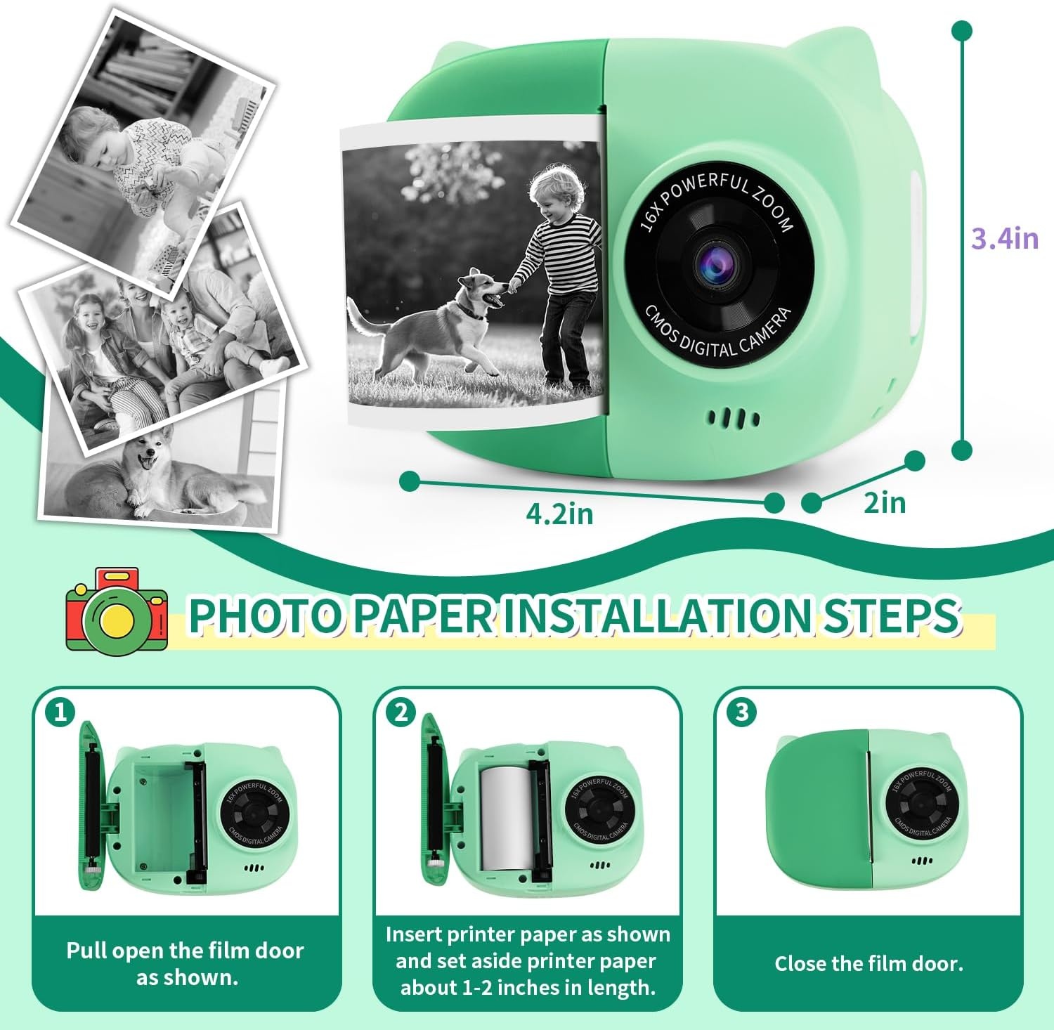 image:imageRongta Instant Print Camera for Kids Children Portable Photo Printer for Birthday Gifts Kids Toys 24 Inch Screen Kid Digital Camera for Girls Boys Age 3 4 5 6 7 8 9 10GreenGreen