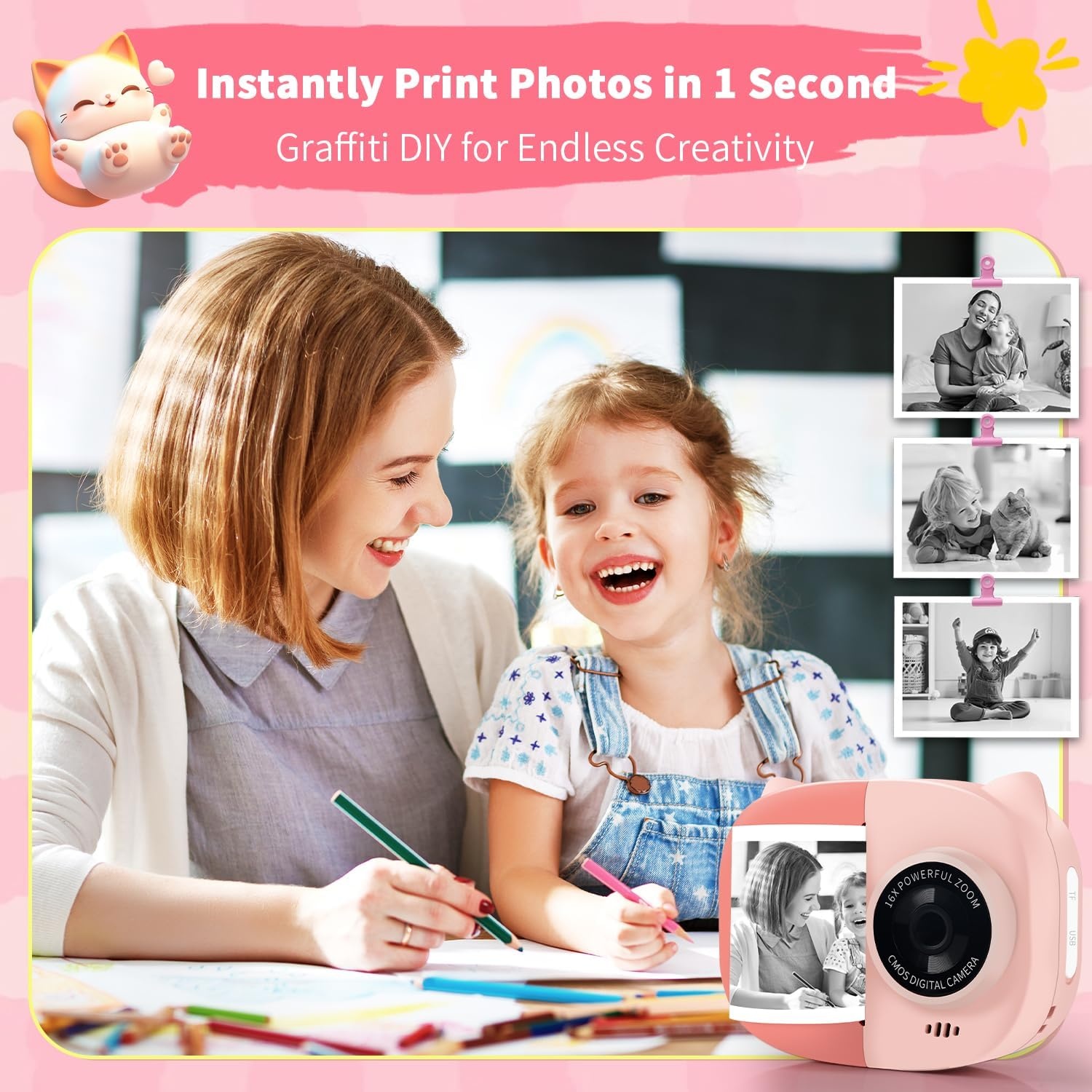 image:imageRongta Kids Camera Instant Print 1080P Kids Instant Cameras that Print Photos Christmas Birthday Gifts for Girls Age 312 Video Camera Portable Toy for 3 4 5 6 7 8 9 10 Year Old Kids GirlsPink